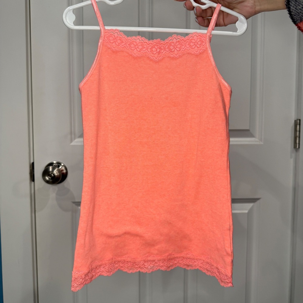 Faded Glory Girls Neon Coral Ribbed Lace Trim Camisole Tank Top Size M 7-8